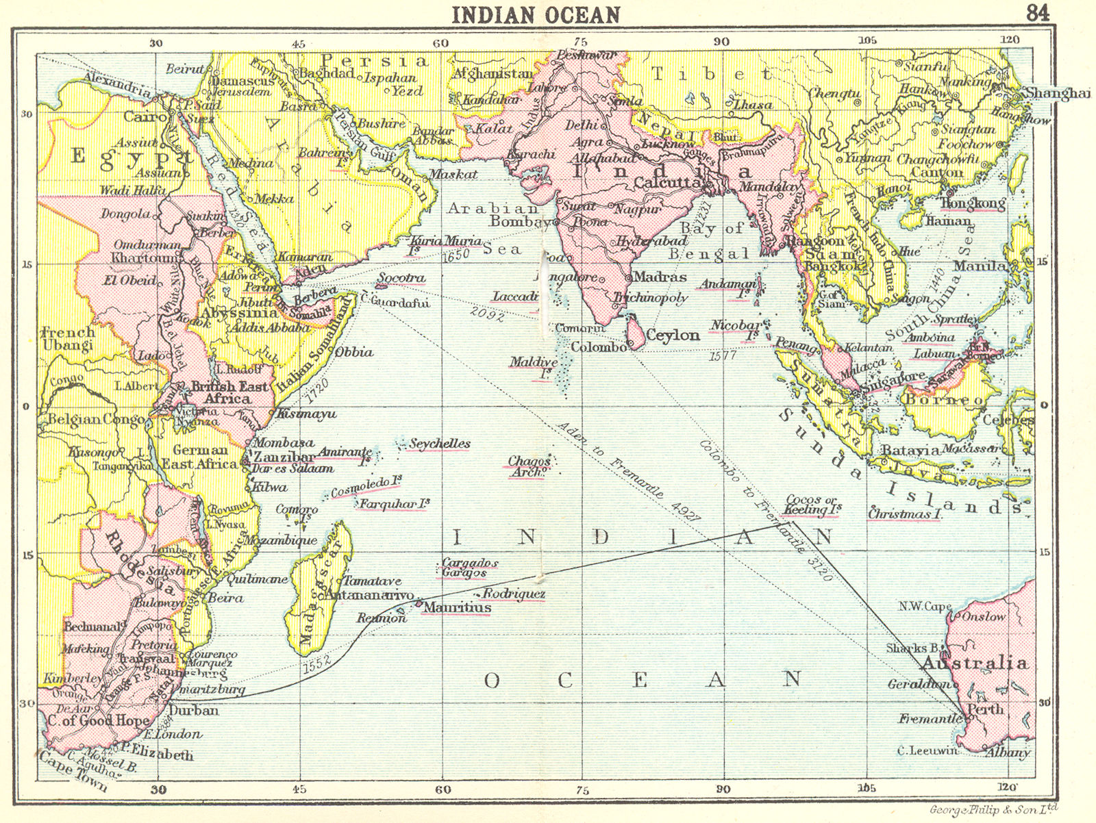 INDIAN OCEAN. Indian Ocean; Small map 1912 old antique vintage plan chart